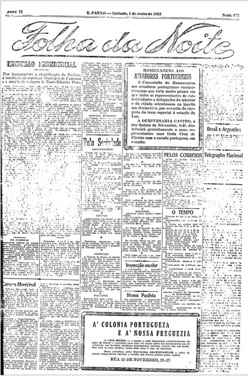 Primeira Página da Folha da Noite de 1º de julho de 1922