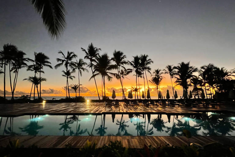 A foto mostra um céu ao amanhecer com coqueiros ao fundo que são refletidos na água da piscina