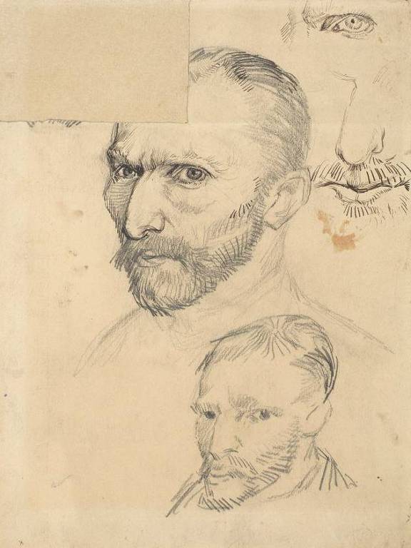 Autorretratos de Van Gogh feitos em 1887. Há dois autorretratos riscados, um maior mais acima, e outro menor, logo abaixo.