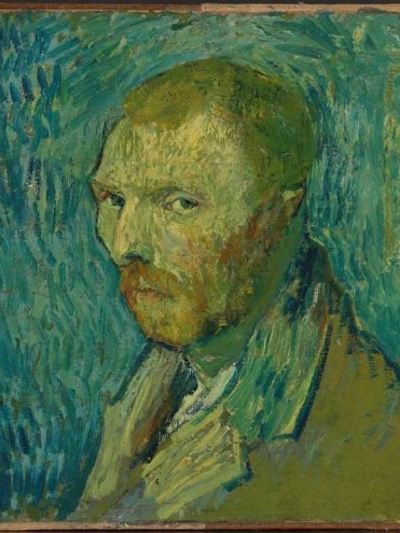 Autorretrato de Van Gogh, no final de agosto de 1889. Em fundo de tons escuros, Van Gogh aparece de perfil.
