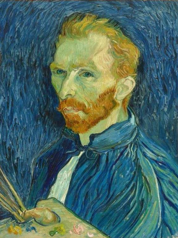 Van Gogh em autorretrato feito em setembro de 1889. Ele aparece de perfil, usa barba e segura pincéis e uma paleta.