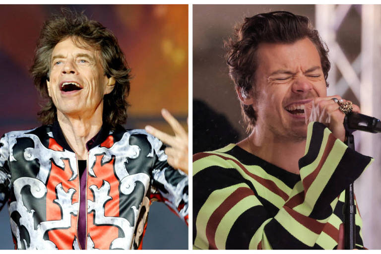 Os cantores Mick Jagger e Harry Styles; Jagger nega semelhança com o ex-One Direction