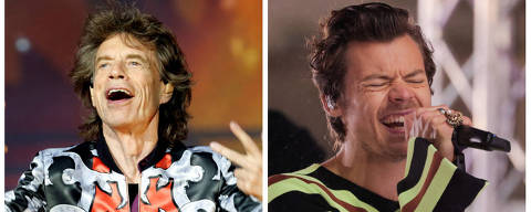 Os cantores Mick Jagger e Harry Styles; Jagger nega semelhança com o ex-One Direction
