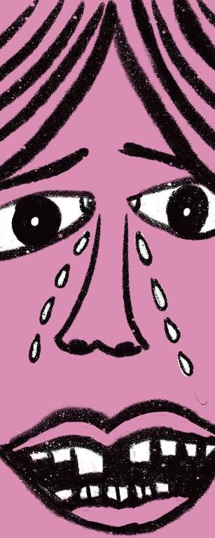 Ilustração que representa, com linhas pretas e na cor lilás, o rosto de uma pessoa que verte lágrimas pelos olhos e tem a boca aberta