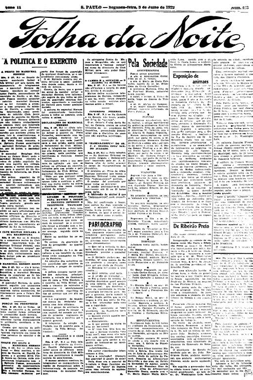 Primeira Página da Folha da Noite de 3 de julho de 1922