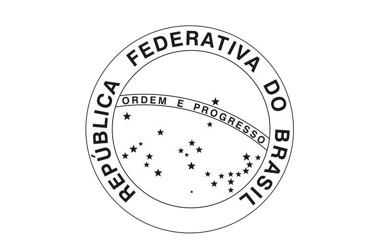 Em preto e branco, o selo é composto por dois círculos concêntricos. No centro de um deles, estão as estrelas da bandeira do brasil e o lema 'ordem e progresso'. Ao redor do outro, lê-se: República Federativa do Brasil