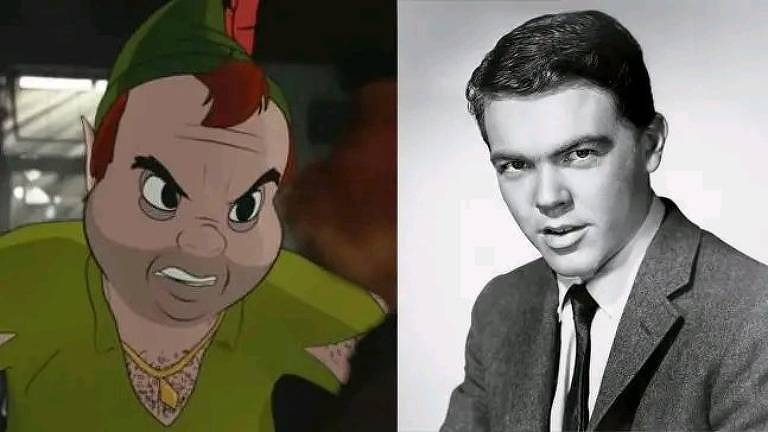 À esq., o personagem Peter Pan em versão decadente no filme 'Tico e Teco: Defensores da Lei'; à dir., o ator Bobby Driscoll, que dublou o personagem na animação de 1953