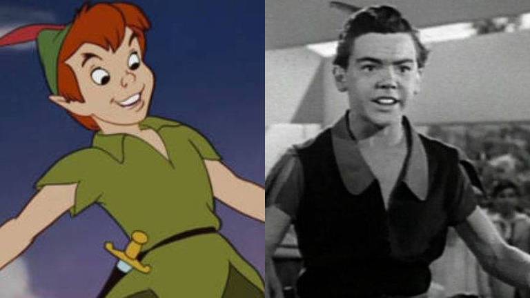 À esq., o personagem Peter Pan, na animação de 1953; à dir., o ator Bobby Driscoll, que dublou e inspirou o desenho da personagem, antes de ser dispensado pela Disney aos 16 anos
