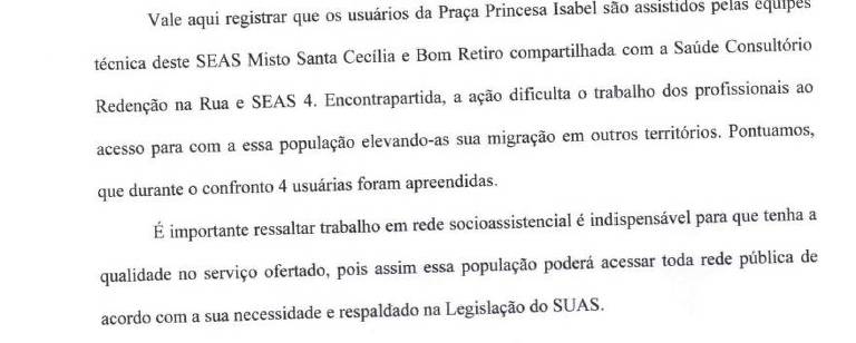 Trecho de documento da Associação Comunitária São Mateus sobre abordagens na cracolândia após ações policiais