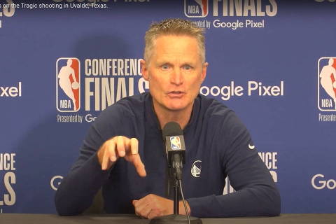 Golden State Warriors head coach?Steve?Kerr speaks about the Texas shooting at a news conference in Dallas, Texas, U.S., in this still image from a video obtained from social media on May 24, 2022. Golden State Warriors/via REUTERS  THIS IMAGE HAS BEEN SUPPLIED BY A THIRD PARTY. MANDATORY CREDIT. NO RESALES. NO ARCHIVES. ORG XMIT: BLR