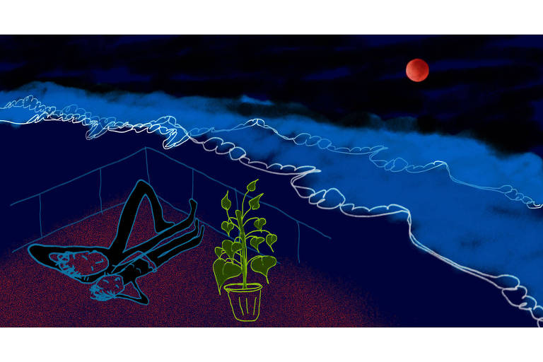 Ilustração em tons de azul, branco e vermelho, dando impressão de cena noturna. Em primeiro plano, duas pessoas estão deitadas lado a lado em cima de uma área cercada com uma planta grande em um vaso perto delas. No fundo, há o mar com ondas agitadas.