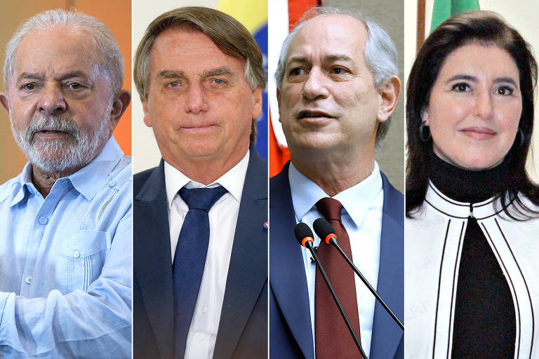 Os candidatos Luiz Inácio Lula da Silva (PT), Jair Bolsonaro (PL), Ciro Gomes (PDT) e Simone Tebet (MDB).