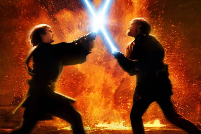Ewan McGregor e Hayden Christensen duelam como Obi-Wan e Anakin Skywalker em pôster de 'Star Wars: A Vingança dos Sith', de 2005
