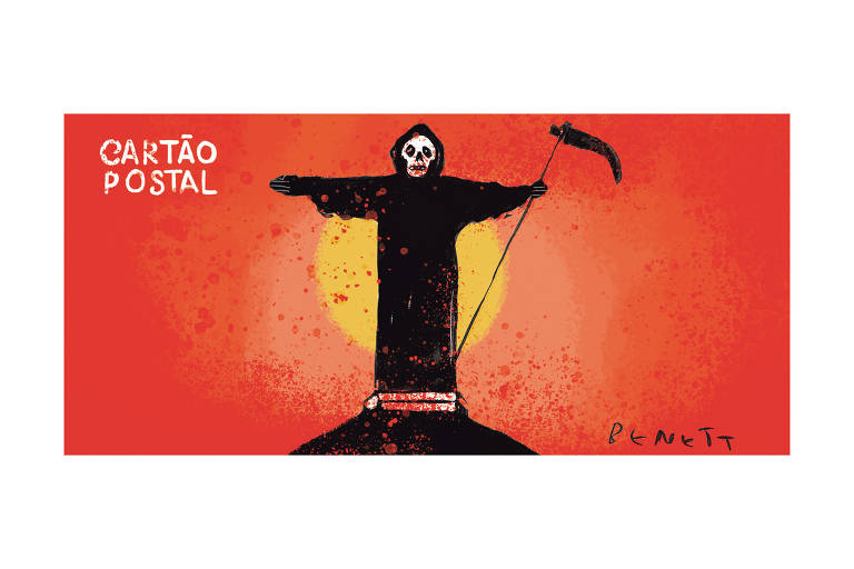 Charge de Benett com o título 'Cartão Postal' mostra a imagem de uma caveira vestida com traje e capuz preto, segurando uma foice, no lugar do Cristo Redentor, no Rio de Janeiro. No fundo, o céu está vermelho cor de sangue.