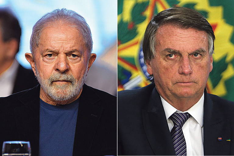 São duas fotos. À esquerda, foto de Lula, de camiseta azul marinho e paletó ou casaco aberto preto; à direita, foto de Bolsonaro de camisa social branca, gravata e paletó preto. Os dois estão de frente