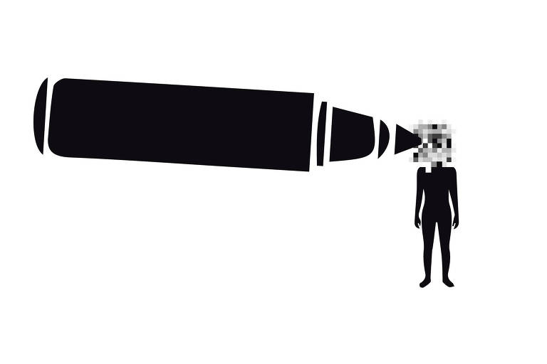 Ilustração em formas pretas de uma pessoa com efeito embaçado na cabeça e com uma grande bala apontada para o seu rosto.