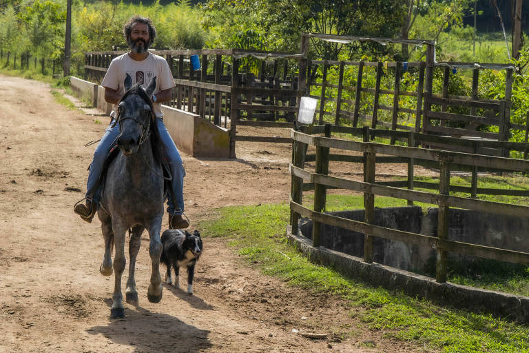 O ator e produtor Marcos Palmeira montado no cavalo em sua fazenda