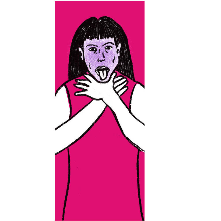 Ilustração mostra mulher de vestido rosa sobre fundo da mesma cor. Ela segura o próprio pescoço com as duas mãos. Seu rosto está roxo e sua língua de fora