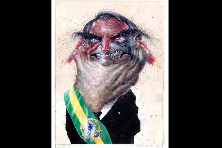 Caricatura do presidente Jair Bolsonaro (PL) com a faixa presidencial e mão direita no rosto. O presidente tem os dentes cerrados e o rosto vermelho.