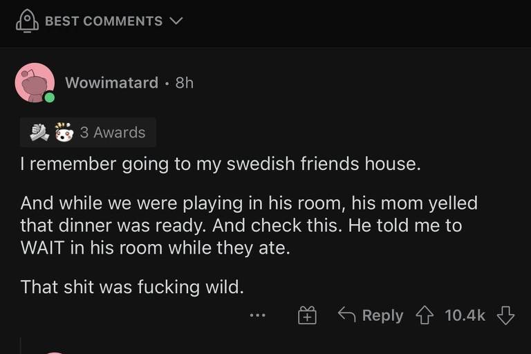 Suecos não oferecem comida a convidados, diz usuário do Reddit em print de conversa sobre comportamentos de outras culturas e religiões.