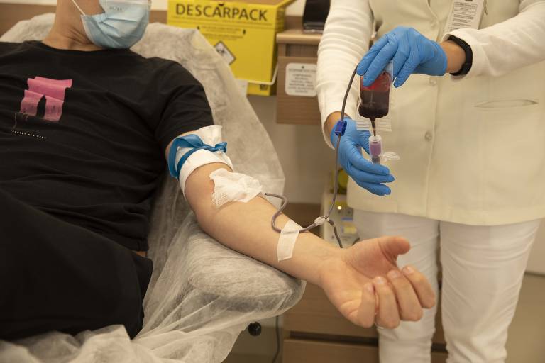 enfermeira coleta sangue de doador