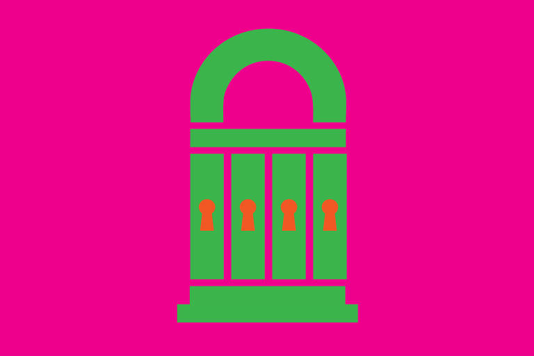 Ilustração representando, sobre um fundo rosa, um cadeado verde composto por colunas nas quais se desenha uma fechadura