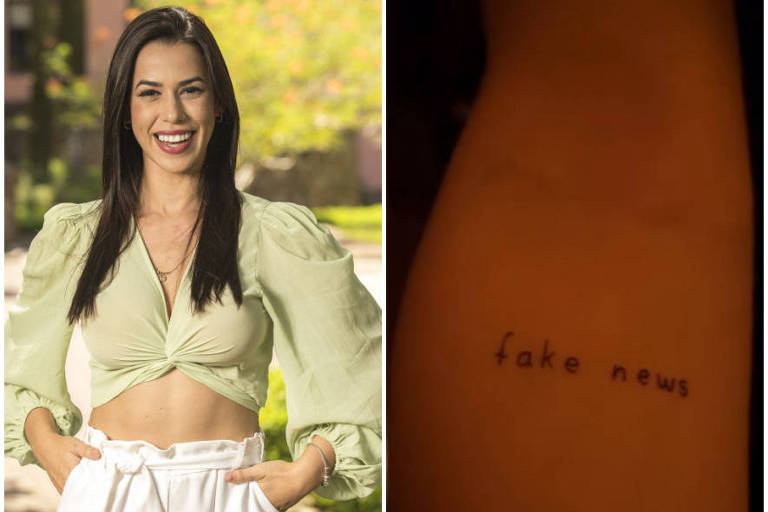 Montagem de mulher posando para foto e tatuagem escrito 'fake news'