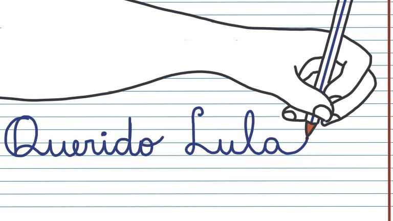 Ilustração representando o desenho de uma mão que segura um lápis sobre uma folha de caderno pautada, na qual escreve 'querido Lula'