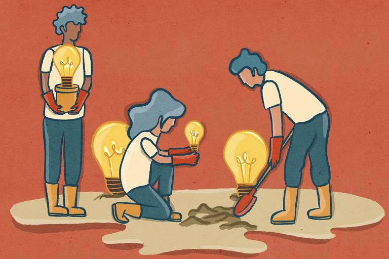Três pessoas ajudam a plantar uma lâmpada, como se fosse uma árvore