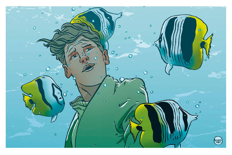 A ilustração de Luciano Salles retrata um homem debaixo da água olhando tranquilamente para o lado como se não precisasse de oxigênio. Ele veste uma camiseta e um sobretudo em tons amarelados. Quatro peixes amarelos e brancos circulam o homem que está indiferente ao movimento.
