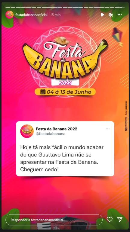 Publicação da Festa da Banana no Instagram feita neste domingo, dia 5 de junho