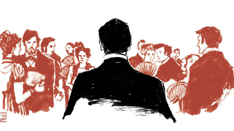 Cena do filme "Ilusões Perdidas", em que um homem de costas em primeiro plano, em nanquim preto, adentra um salão de festas, recebendo muitos olhares de diversos convidados, desenhados em vermelho