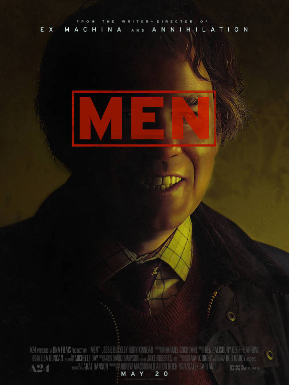 Cartaz de filme retratando o busto de um homem tendo sobre o rosto a inscrição 'Men' em vermelho