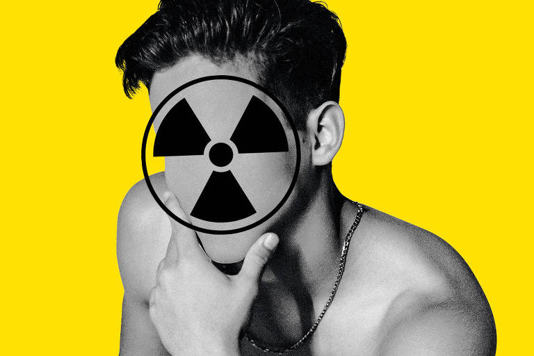 Ilustração que representa, sobre um fundo amarelo, um homem numa fotografia preto e branca tendo sobre o rosto o símbolo que representa toxicidade
