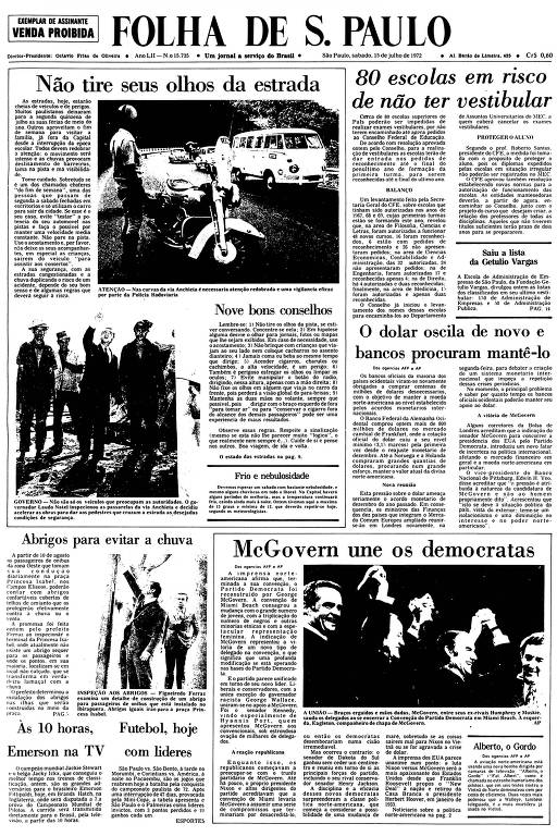 Primeira Página da Folha de 15 de julho de 1972