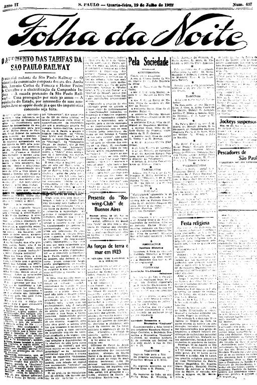 Primeira Página da Folha da Noite de 19 de julho de 1922 