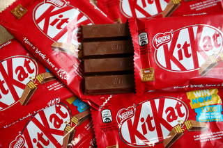 Kit Kat chocolate covered wafer bars manufactured by Nestle are seen in London