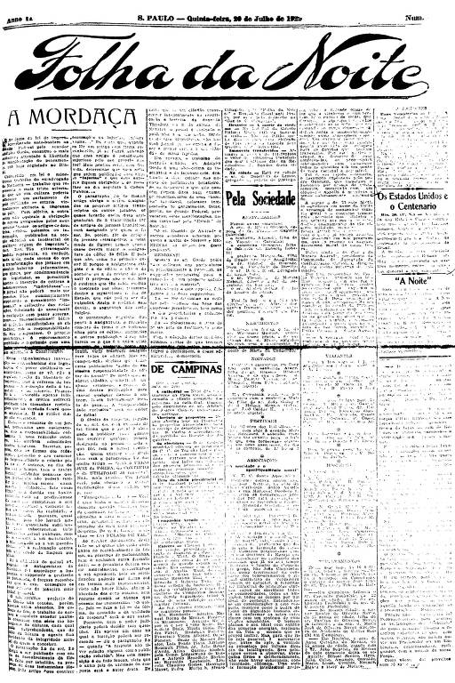 Primeira Página da Folha da Noite de 20 de julho de 1922