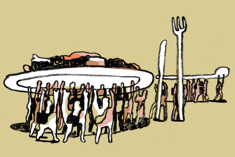 Ilustração mostra várias pessoas segurando um prato de comida vazio e talheres. A imagem se refere à fome e a insegurança alimentar na pandemia.