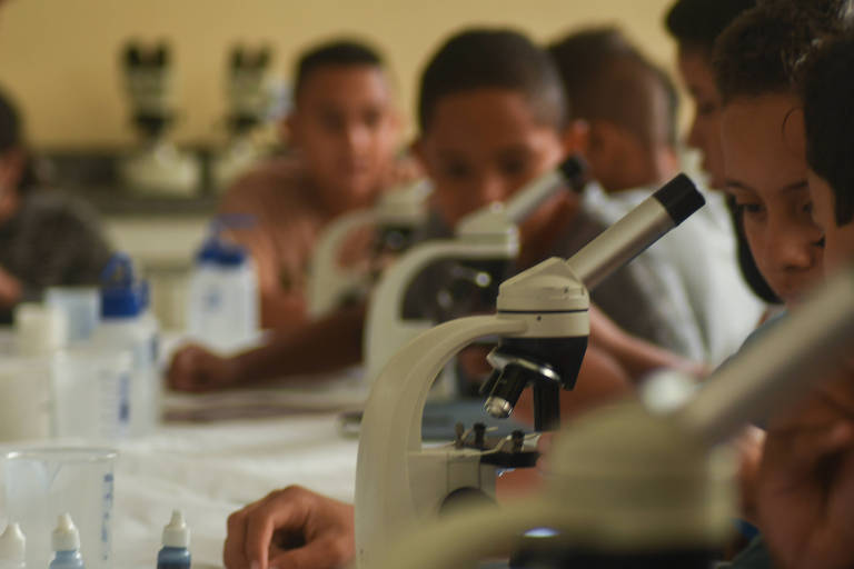 Crianças olham pelo microscópio