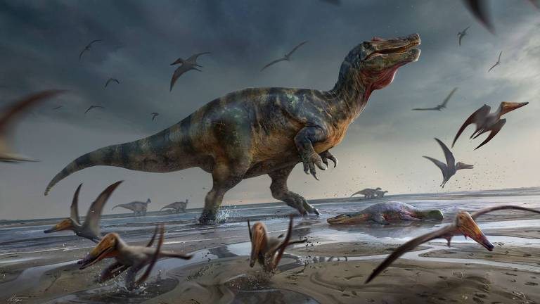 Representação artística mostra como era o espinossauro há cerca de 125 milhões de anos, de acordo com os fósseis encontrados na ilha de Wight, na Inglaterra