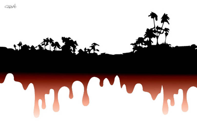 Ilustração de silhueta em preto de uma floresta, na qual é possível identificar relevo e árvores. Na parte da terra, a silhueta vai ficando vermelha e o contorno parece de algo que está escorrendo. O fundo é branco.