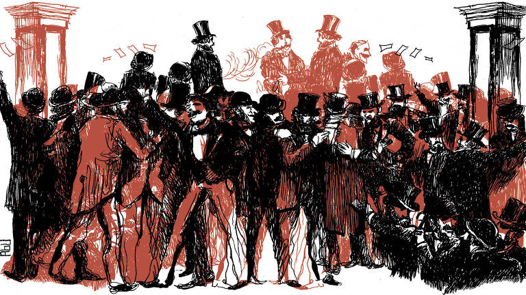 Uma multidão de especuladores liberais do século XIX se aglomera inquieta ao longo da imagem, com suas cartolas