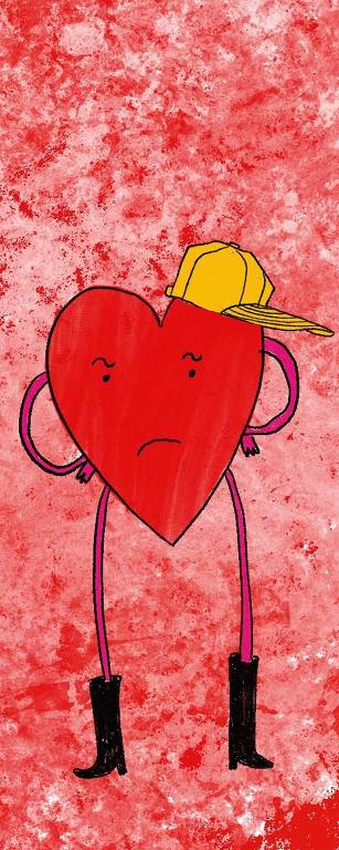 Ilustração representando um coração vermelho com olhos e boca desenhados, além de duas pernas e braços, tendo sobre si um boné amarelo