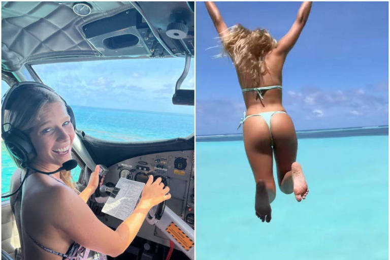 Montagem de mulher branca e loira "pilotando" helicóptero e pulando em um mar azul