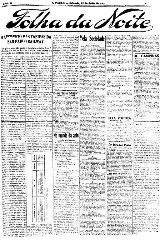 Primeira Página da Folha da Noite de 22 de julho de 1922