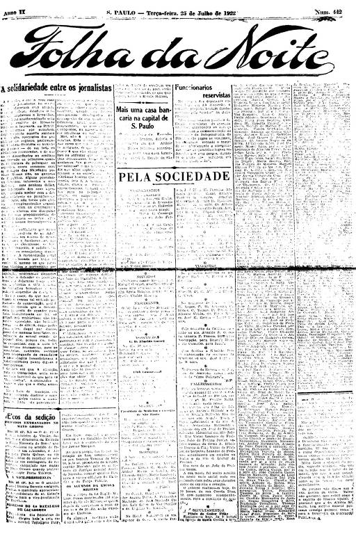 Primeira Página da Folha da Noite de 25 de julho de 1922