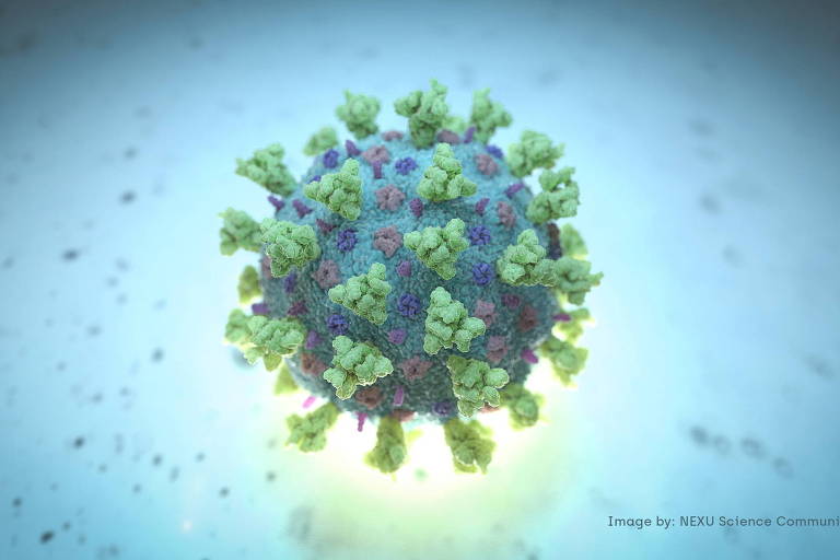 Imagem criada em computador para representar vírus ligado à Covid
