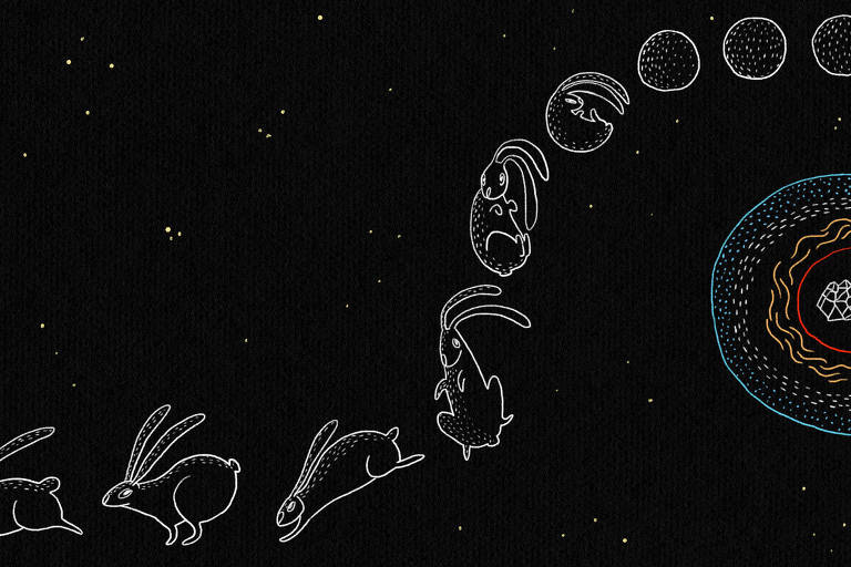 Arte ilustra um ambiente espacial e uma sequência em que a lua vai se transformando em um coelho