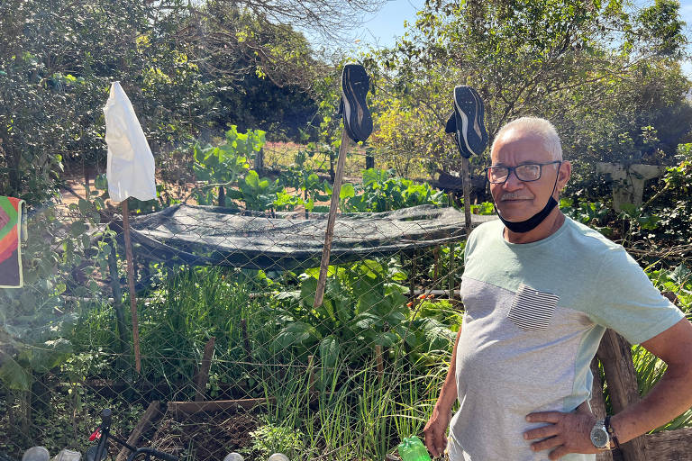 Adilson da Cunha em frente a pequena horta que possui em sua casa hoje